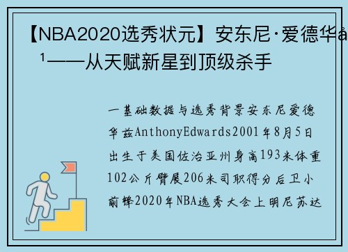 【NBA2020选秀状元】安东尼·爱德华兹——从天赋新星到顶级杀手