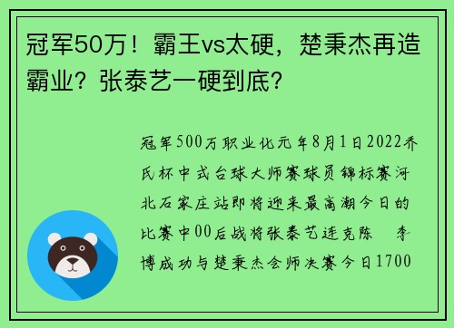 冠军50万！霸王vs太硬，楚秉杰再造霸业？张泰艺一硬到底？